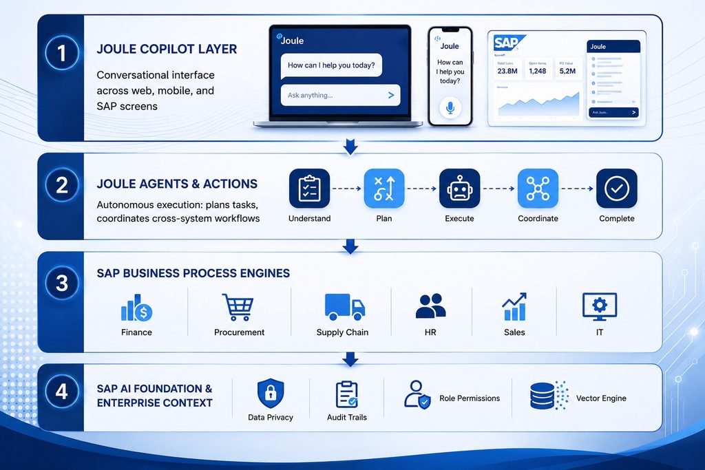SAP Joule architecture showing the copilot layer, AI agents, business process engines, and enterprise AI foundation